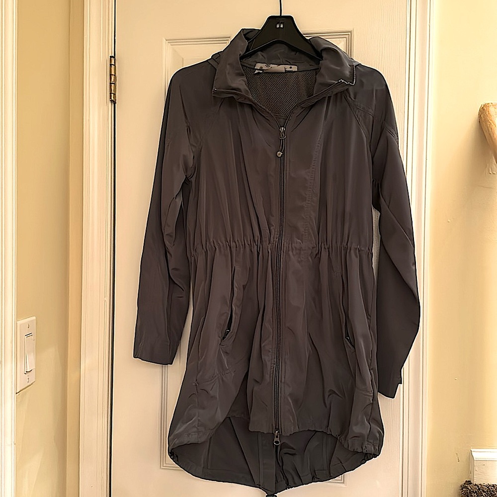 Athleta size small green zip mid length polyester light weight coat with hood